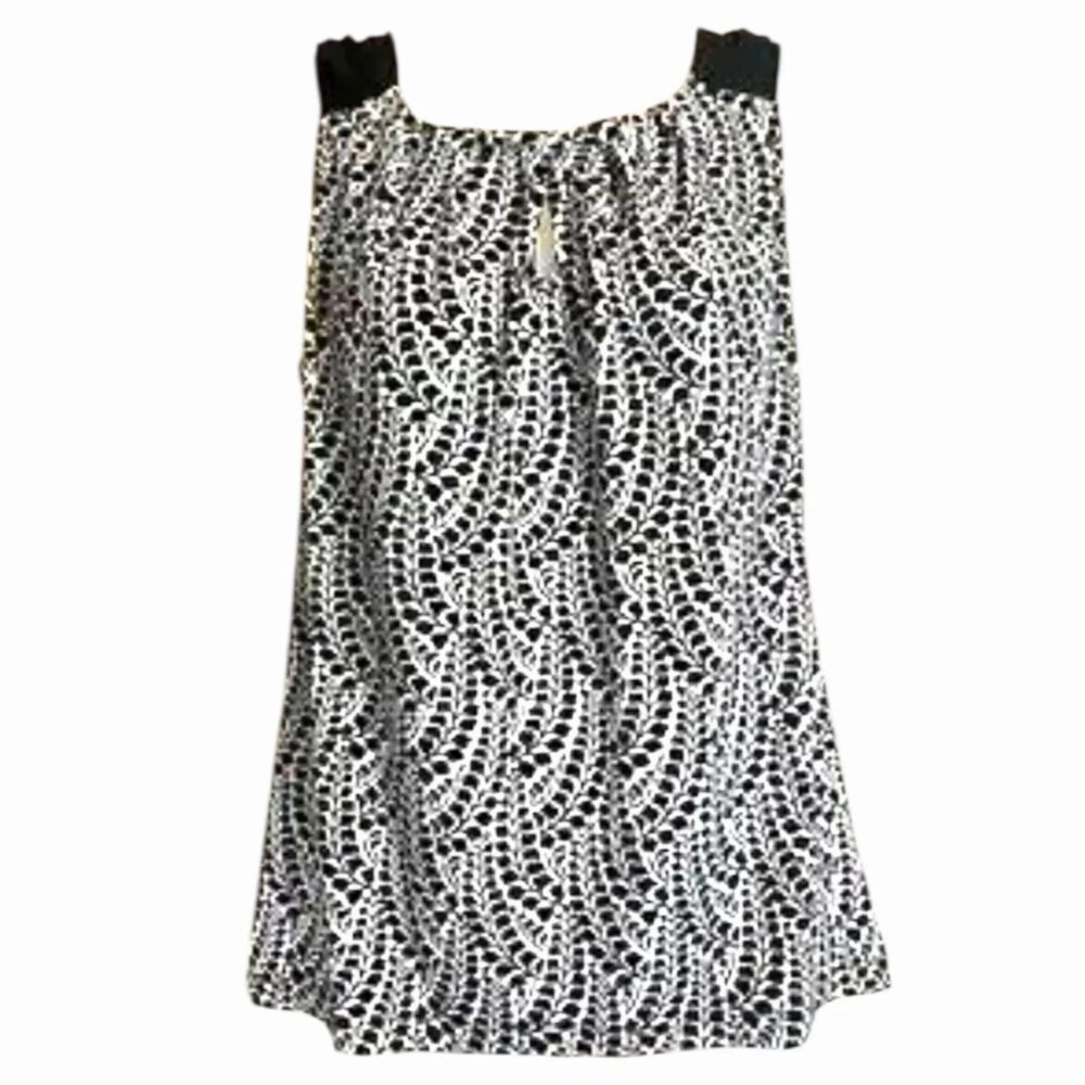 Tank Top Sleeveless Stretch Keyhole Scoop Neck Small Black White Print Spring✨